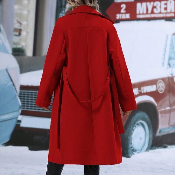 Casual Women's Double Breasted  Lapel Neck Belted jacket Overcoat RED - Picture 2 of 6